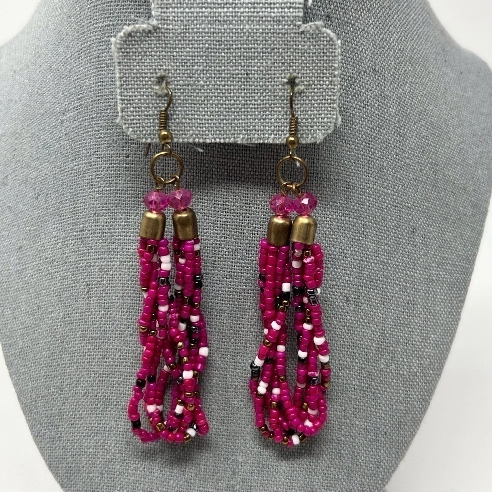 Pink Long Layered Beaded Dangle Earrings
